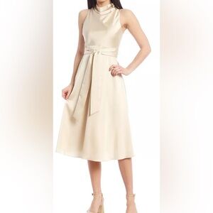 Antonio Melani Kinnon Satin Coconut Beige Drape Neckline Self Tie Dress